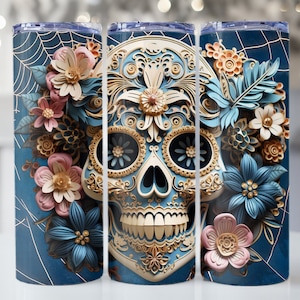 3D Tumbler Wraps 3D sugar skull Pink halloween Skinny Tumbler Wrap Design Tumbler Sublimation Design Straight & Tapered  Instant Download