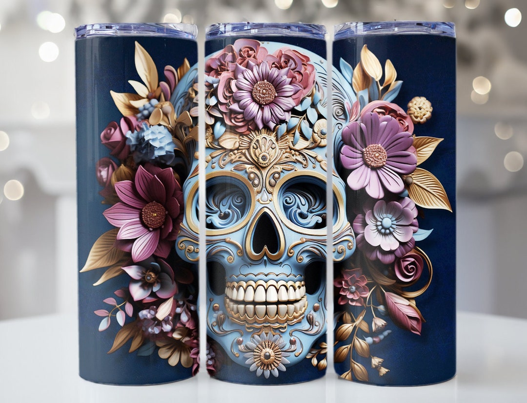 3D Tumbler Wraps 3D Sugar Skull Pink Halloween Skinny Tumbler Wrap ...