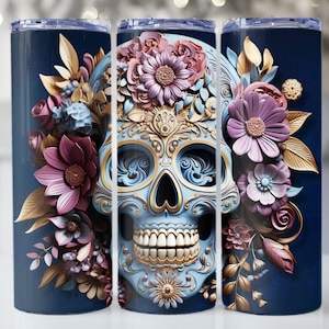 3D Tumbler Wraps 3D sugar skull Pink halloween Skinny Tumbler Wrap Design Tumbler Sublimation Design Straight & Tapered  Instant Download