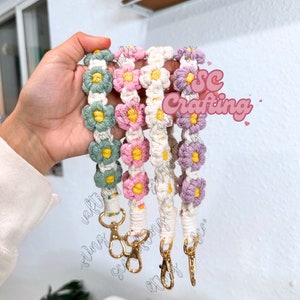 Llavero de ganchillo de flores, pulseras de ganchillo, llavero Daisy Macrame, flor de llavero de ganchillo Macrame