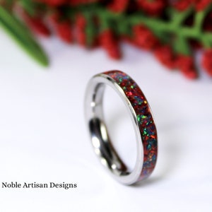 Red and Green Opal Thin Titanium Ring: Christmas Holiday Jewelry