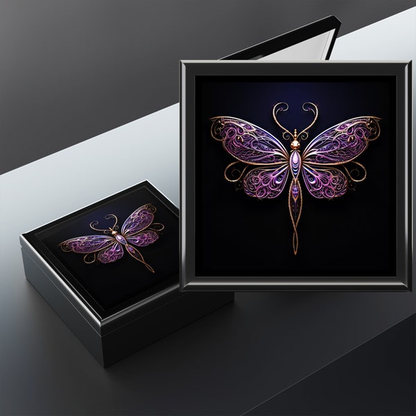 Jewelry Box Dragonfly Keepsake Box, Purple Artisan Dragonfly Storage Box, Simple Elegant Black Ring Deluxe Jewelry Box Gift
