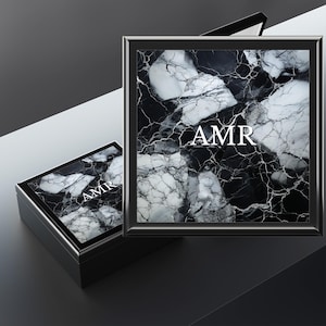 Custom Monogrammed Keepsake Box, Personalized Jewelry Box for Men, Wedding Anniversary Gift for Husband, Black and White Marbled Memento Box