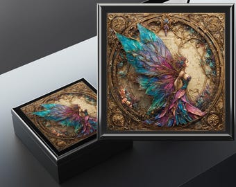 May include: A black square jewelry box with a detailed, framed image of a fairy with colorful wings. The fairy is depicted in a detailed, ornate style with a gold-colored frame and a black box.