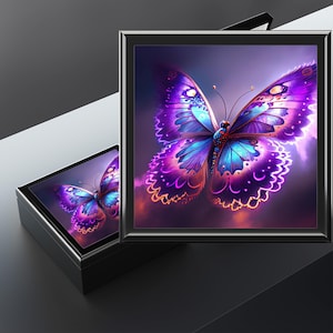 May include: A purple and blue butterfly with intricate wing patterns against a dark purple and pink background.