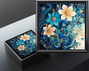 Blauwe en witte bloem Keepsake Box, elegante sieradendoos, bloemrijke Memory Box, Memento Gift Box voor vriend,