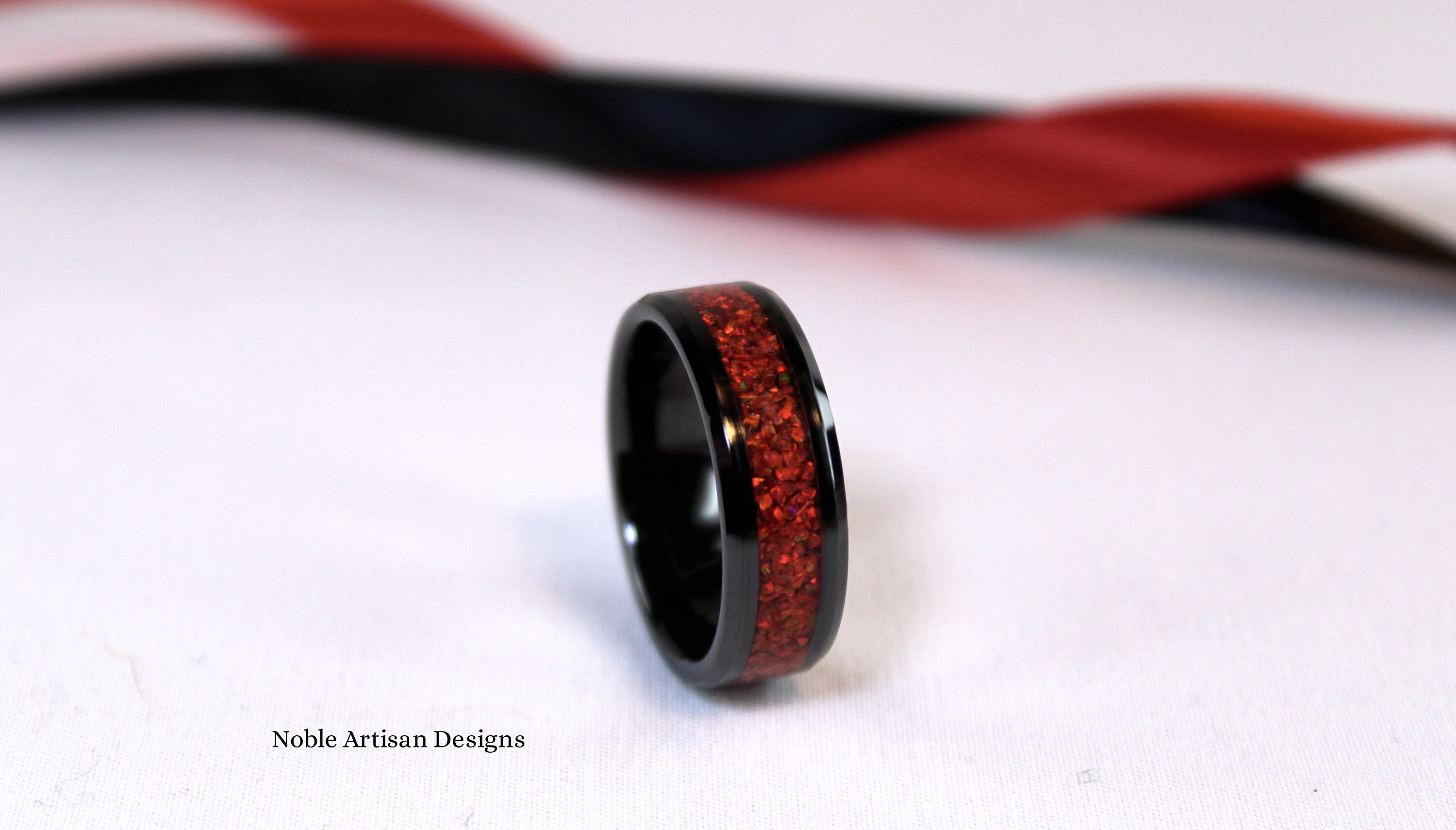 Crimson Red Crushed Opal Ring: Black Ceramic Unisex Band - Etsy