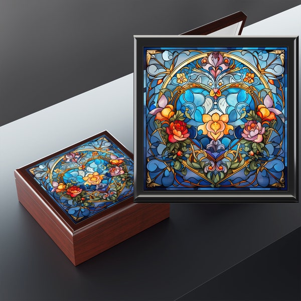 Jewelry Box Floral Stained Glass Keepsake Box, Stained-Glass Memory Box, Padded Ring Storage Wood Chest