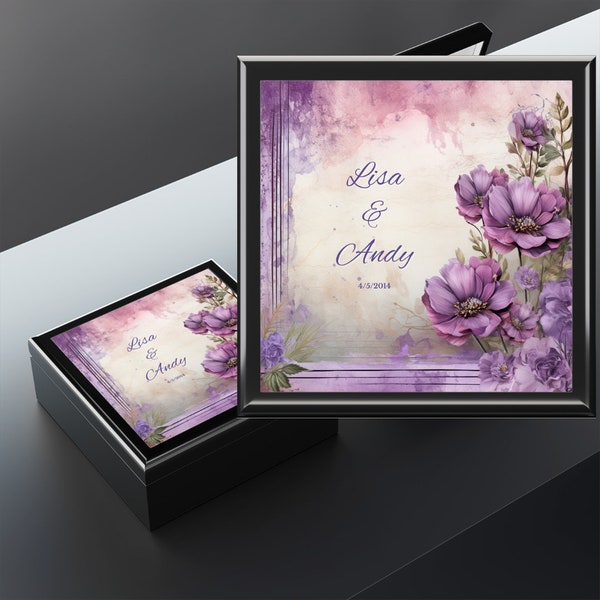 Personalized Anniversary Keepsake Box, Custom Wedding Anniversary Gift, Purple Flowered Memento Box, Wedding Photograph Gift Box