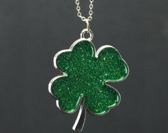 Green Shamrock Pendant Necklace, Glittering St. Patrick's Day Charm, Pendant with Sparkle, Gift for Her, Valentines Day Gift