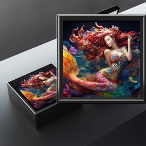 Mermaid Jewelry Box, Artisan Colorful Siren Keepsake Box, Gift for Woman, Deluxe Wood Jewelry Storage Box, Mermaid Memento Box