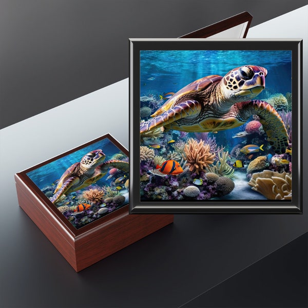 Sea Turtle Jewelry Box, Mahogany and Ebony Black Wood Keepsake Box, Gift for Ocean Lover or Nature Enthusiast, Memory Box Birthday Gift