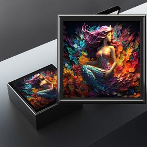 Mermaid Jewelry Box, Artisan Colorful Siren Keepsake Box, Gift for Woman, Deluxe Wood Jewelry Storage Box, Mermaid Memento Box