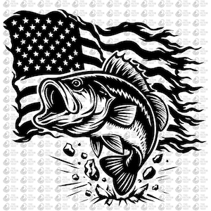 Bass Fishing USA Flag Svg & PNG Files, Bass Fish Clipart, American Flag Fisherman Silhouette Vector Image, Fish Cut File Digital Download