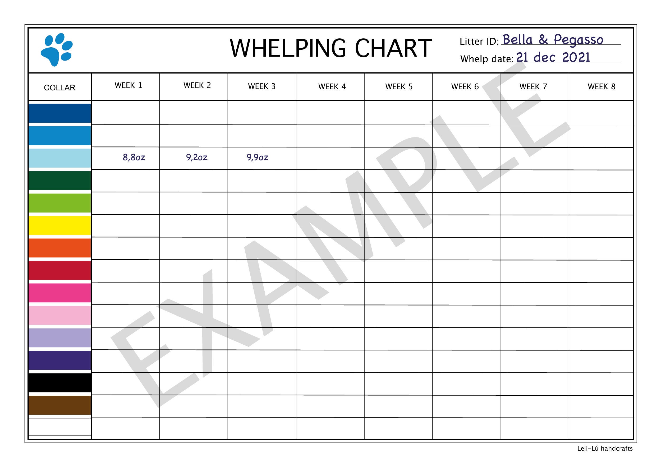 Whelping Chart Ideal for Breeders, Animal Shelters, and Veterinary