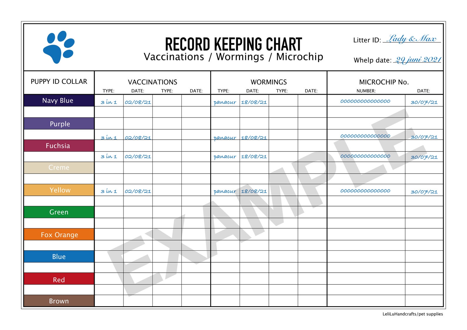 Puppy Breeding Charts in PDF / Record Keeping Charts for - Etsy