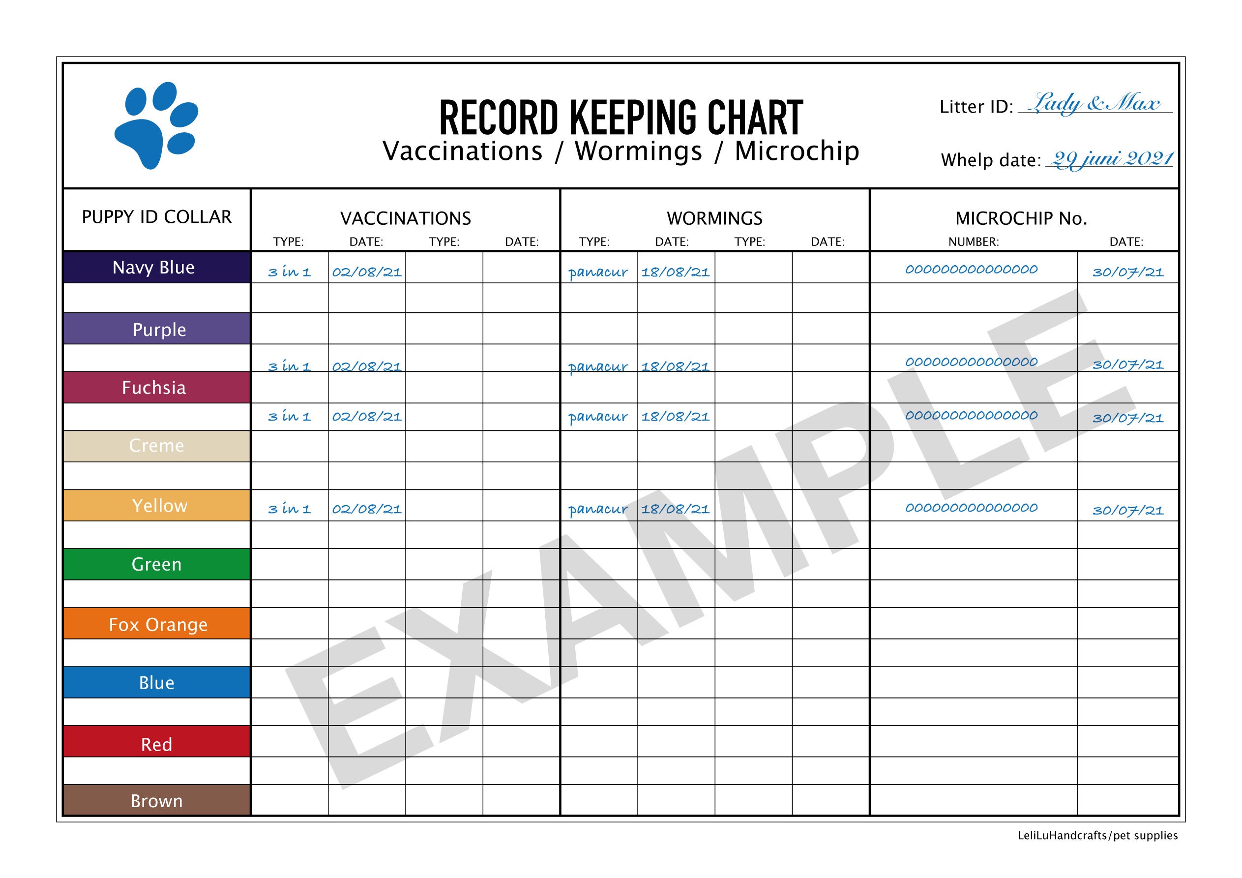 Puppy Breeding Charts in PDF / Record Keeping Charts for Breeders / Whelping Details / Match to ...