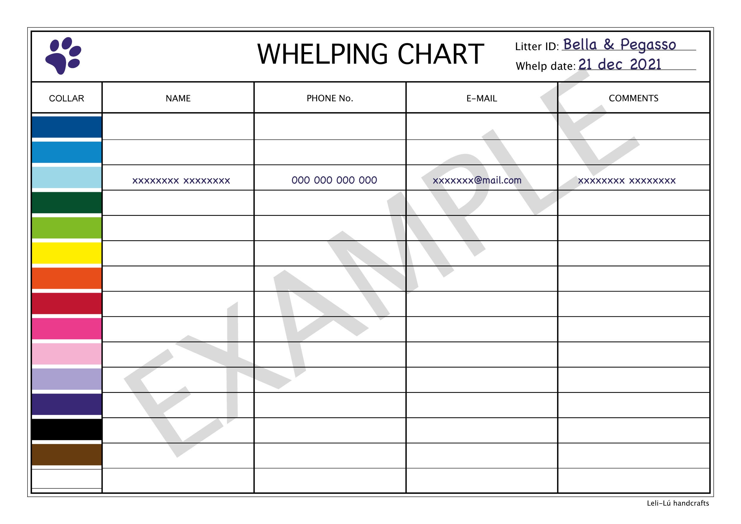 Whelping Chart Ideal for Breeders, Animal Shelters, and Veterinary
