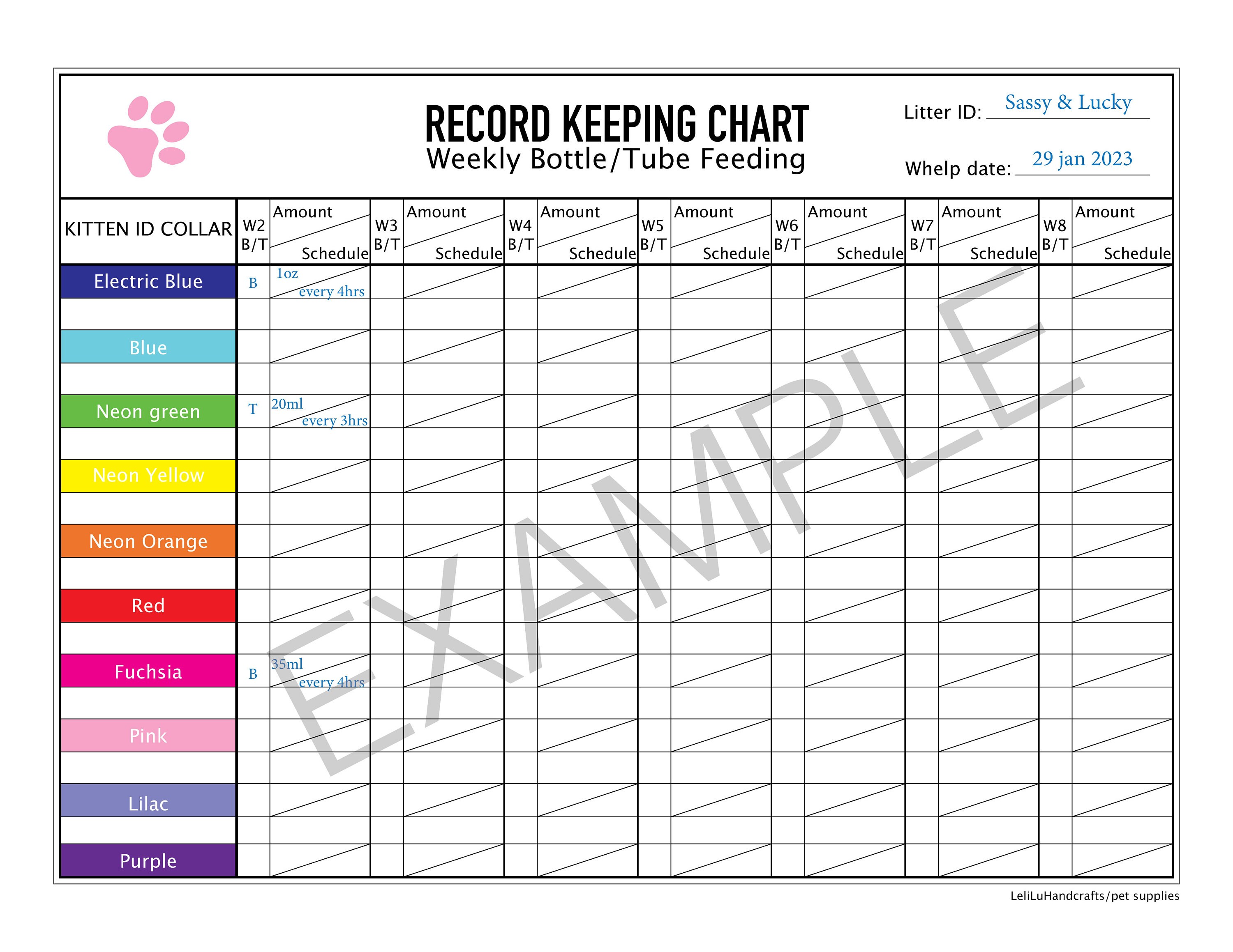 Kitten Breeding Charts in PDF / Whelping Chart Ideal for Breeders