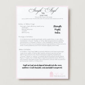 May include: A pink-framed print with the title "Strength - Hayil" in elegant script. The text details the meaning of the Hebrew word "Hayil," including its biblical usage, theological definition, and significance. The print also includes the words "Strength, Might, Valor."