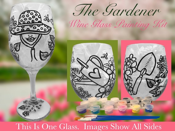 The Gardener Wine Glass Painting Kit for Paint and Sip Party / Paint Party  Kit / Outlined Paint Party / Wine Glass Paint Kit 