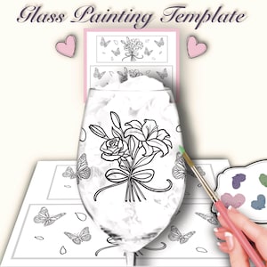 Puede incluir: Una plantilla de pintura sobre vidrio con una copa de vino con un diseño floral, mariposas y el texto "Glass Painting Template". Incluye un pincel y una paleta de pintura.