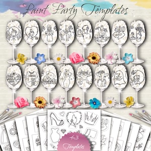 May include: Wine glasses with black and white illustrations, such as angels and animals, are displayed. The text "Paint Party Templates" is at the top. The image also shows templates with drawings of a high heel, a dress, and a crown.