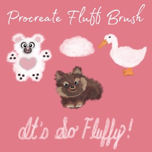 Puede incluir: Ilustración digital con un oso blanco, una nube, un pato y un perro marrón sobre un fondo rosa. El texto dice "Procreate Fluff Brush" y "It's so Fluffy!"