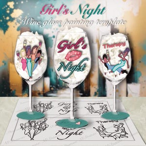 Może przedstawiać: Trzy kieliszki do wina z turkusowymi podstawami i białym wypełnieniem, każdy z innym wzorem. Widoczne są napisy "Girl's Night" i "Therapy". Obraz to szablon malowania kieliszków do wina.