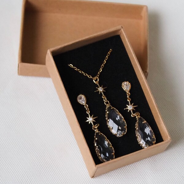 Schmuckset „Glassdrops“  Kette und Ohrringe mit transparentem Tropfenanhänger / Brautschmuck / Weihnachten / Geschenk