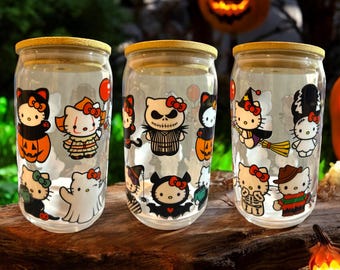 Kawaii Cat Halloween Glass Cup: 16oz Iced Coffee Cup with Bamboo Lid & Straw