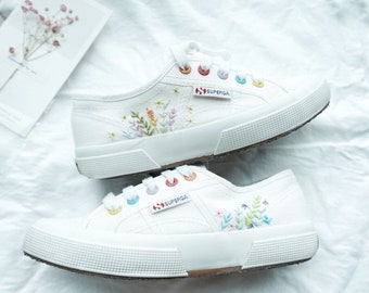 Superga white women's canvas sneakers with embroidered flowers