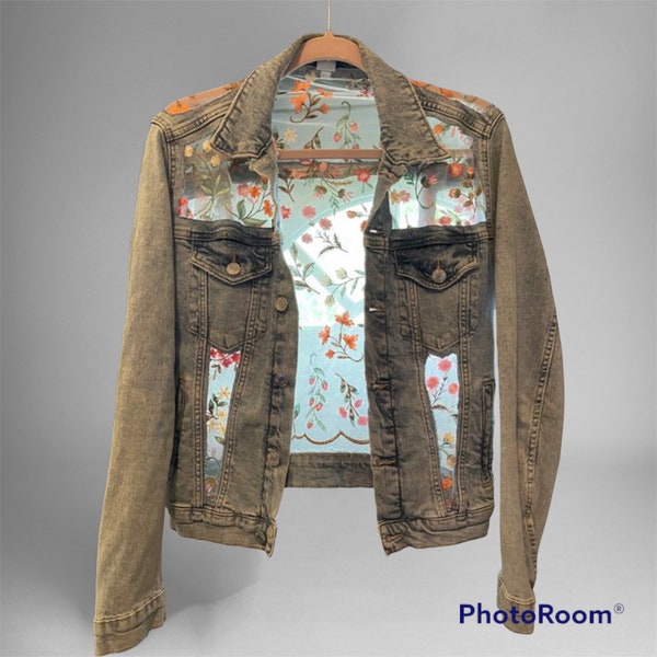 Unisex Jean Jacket with sheer flower accents perfect for weddings, Engagements or Fashion. Custom made for you with love!