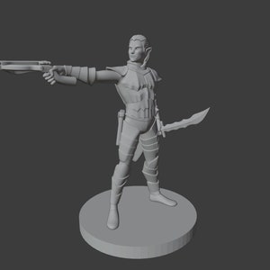 May include: A grey 3D printed miniature of an elf warrior holding a crossbow and a dagger. The elf is wearing armour and has pointed ears.