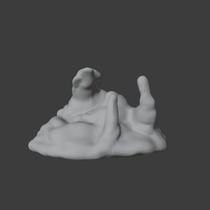 以下が含まれることがあります： 滑らかで有機的な形をした、白い抽象的な3Dプリント彫刻。彫刻は丸みを帯びたベースと、いくつかのピークと谷を持っています。