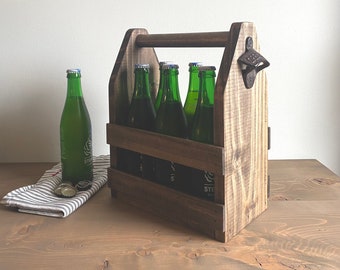 Handcrafted Wooden Drink Caddy: 6-Bottle Beer Carrier with Opener
