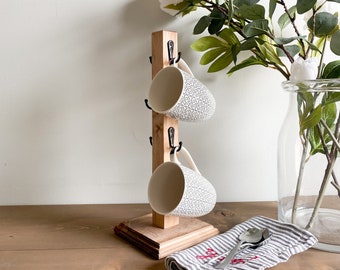 Wooden Mug Tree Stand Farmhouse Coffee Bar Decor