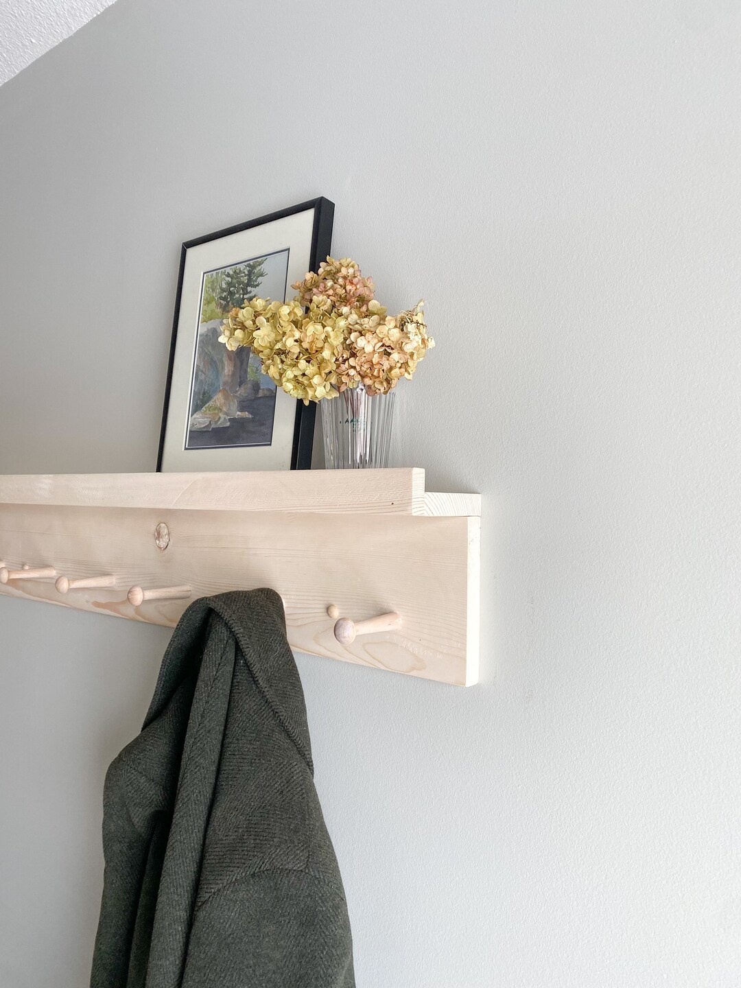 Floating Shelf With Hooks, Wood Peg Rail, Coat Rack, Shaker Peg Rail