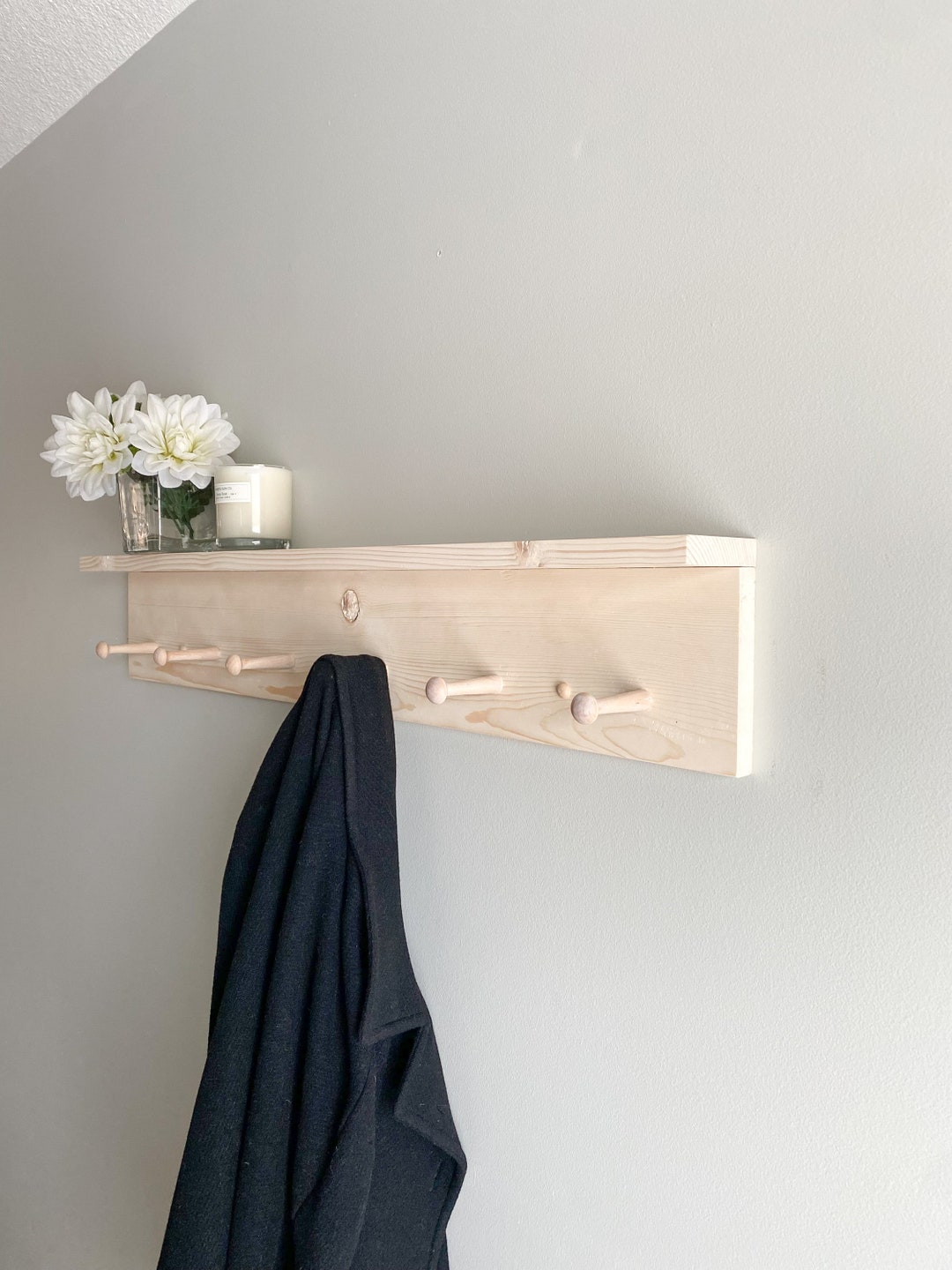 Floating Shelf With Hooks, Wood Peg Rail, Coat Rack, Shaker Peg Rail