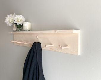 Solid Pine Floating Shelf with Pegs: Entryway Coat Rack