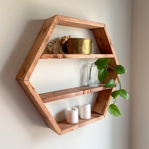 Large Hexagon Floating Shelf: Rustic Pine Wall Decor