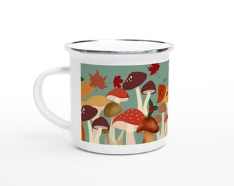Enamel mug, Mushroom in the Forrest, Cottagecore design,12oz Enamel Mug