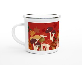 Enamel mug, Mushroom in the Forrest, Cottagecore design,12oz Enamel Mug