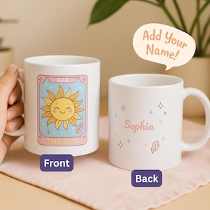 Taza de Tarot Personalizada – Carta del Sol – Regalo con Nombre Personalizado – Bonita Taza de Café de Bruja – Taza de Astrología – Regalo Mágico para una Mañana para Ella
