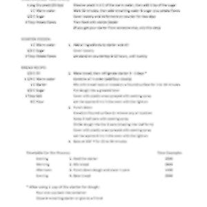 May include: A printable recipe for potato flake sourdough starter and bread. The recipe includes ingredients and instructions for making the starter and bread. The recipe also includes a table of estimated weights for the ingredients.