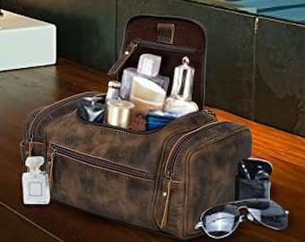 Trousse de toilette de voyage en cuir, Trousse de toilette pour homme, Trousse de toilette en CUIR, Trousse de rasage en cuir, Pochette en cuir, Trousse de toilette marron