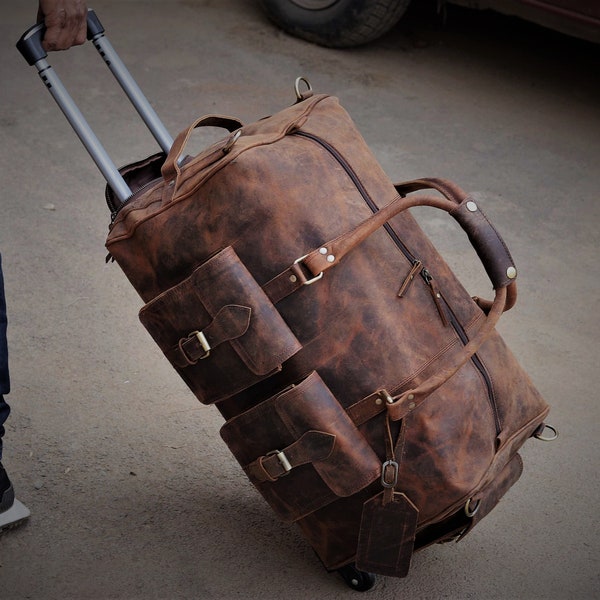 Leather Rolling Travel Duffel Bag - 21" Wheeled Brown Duffel for Effortless Journeys, Leather Duffel, Cabin Bag, Leather Trolley Bag