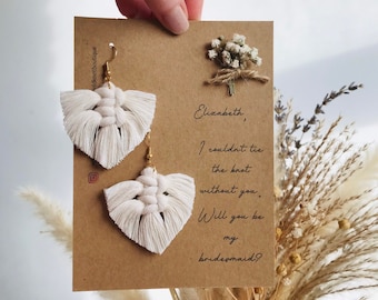 Custom Bridesmaid Proposal Card | Macrame Mini Feather Earrings | Boho Hypoallergenic Earrings | Bridesmaid Favours | Maid of Honour Gift