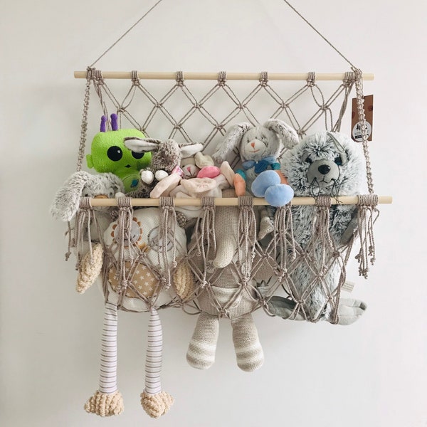 Hamac jouet en macramé | Rangement de jouets en macramé | Filet de rangement pour jouets en peluche | Décoration murale d'exposition de jouets | Décoration naturelle pour chambre de bébé | Différentes couleurs