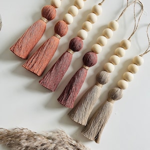 Può includere: Sei nappe decorative con perline di legno. Le nappe sono nelle tonalità dell'arancione, del rosso e del beige, con accenti di spago naturale. Le perline sono in legno chiaro. Le nappe sono disposte in fila, con una pianta secca nell'angolo.